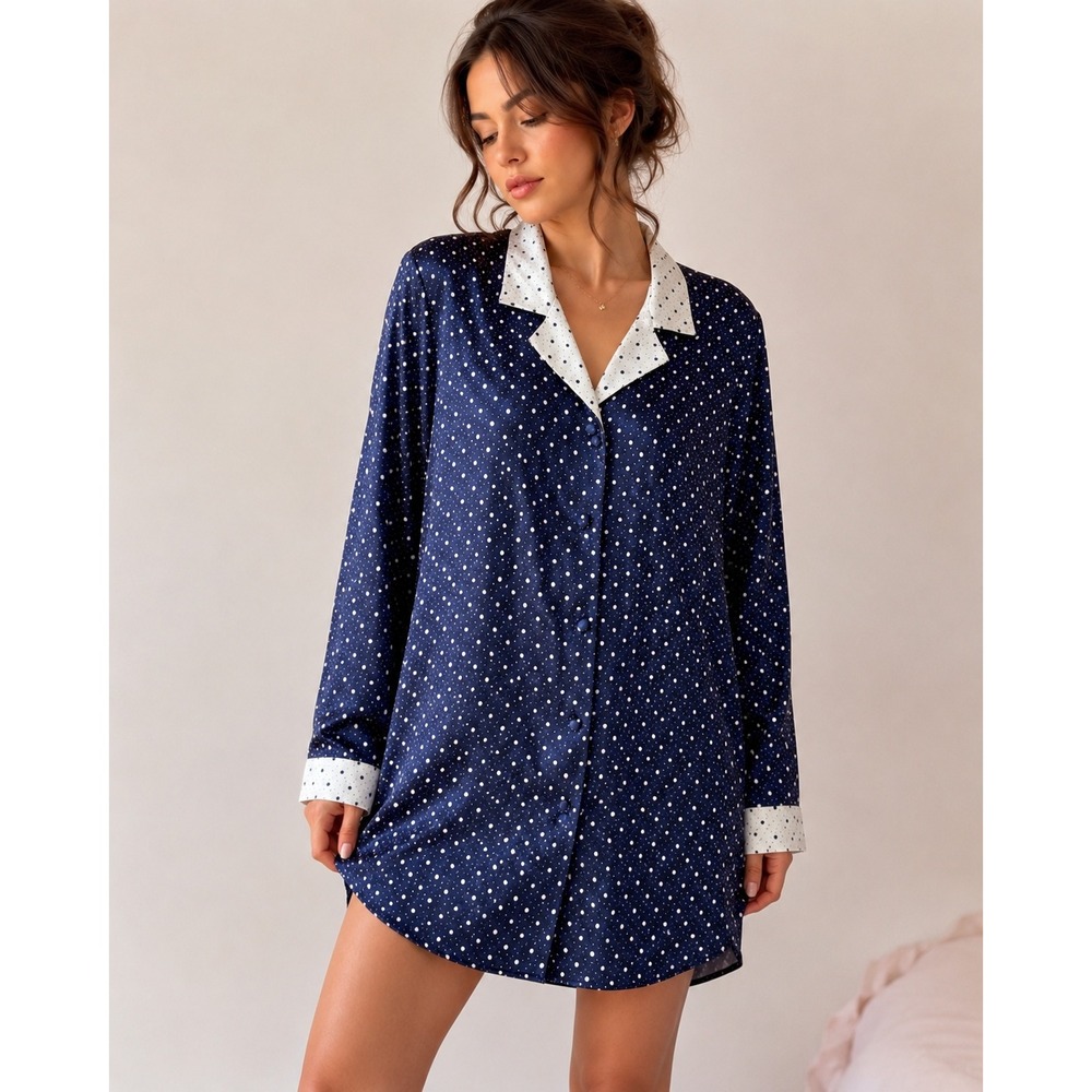 Vintage Lingerie Cacique Navy Blue Polka Dot Satin Sleep Shirt Button Down M Y2K